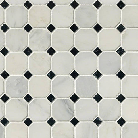 Marble Tile Collection Arabescato Carrara 2" Octagon With Black And White 5/8"x5/8" In 12"x12" Mesh Swatch