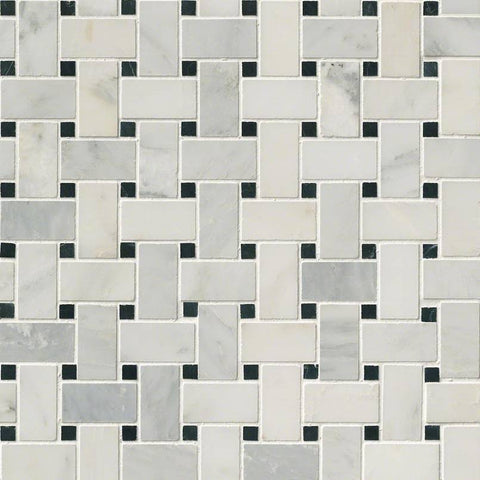 Marble Tile Collection Arabescato Carrara - Black Marble Basket Weave Swatch