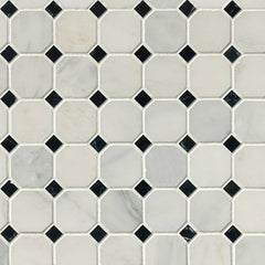 Marble Tile Collection Arabescato Carrara 2" Octagon With Black And White 5/8"x5/8" In 12"x12" Mesh Swatch