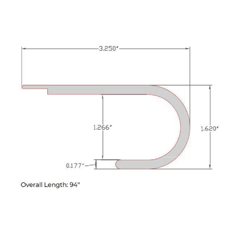 Mannington OneNose stair nose molding profile diagram with dimensions 3.250 inches width, 1.620 inches height, 1.266 inches return depth, 0.177 inches lip thickness, and 94 inch overall length Dimensional diagram